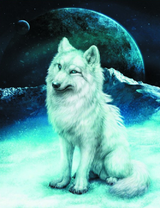 Милый белый волк на фоне планет