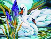 Белые лебеди и синий цветок