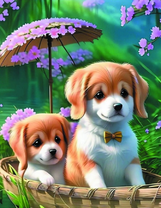 Милые щеночки в лодке на реке