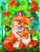 Лиса с лисенком в осеннем лесу