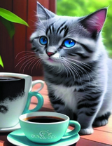 Голубоглазый котёнок и чашечка кофе