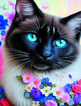 Сиамская кошечка и яркие цветы