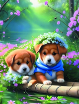 Милые щенки у реки среди цветов