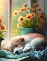 Пухленький щенок на подоконнике с цветами