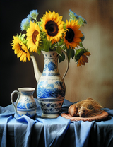 Букет подсолнухов в высоком фарфоровом кувшине