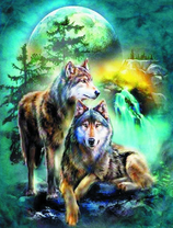 Два серых волка на фоне гор и луны