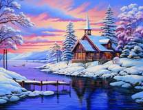 Заснеженный костел у реки