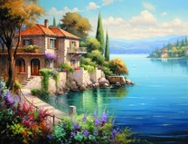 Каменный домик на берегу морского залива