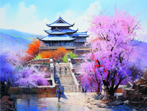 Китайский храм среди цветущих сакур