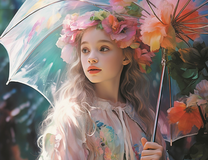 Девушка в цветочном венке под зонтом