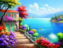 Лазурный залив среди цветущего берега