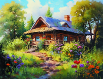 Домик с соломенной крышей среди цветов