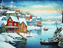 Заснеженный городок у озера