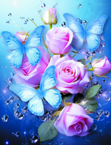 Нежно-розовые розы и голубые бабочки