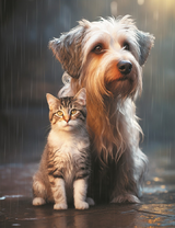 Пёс и кошечка под дождем