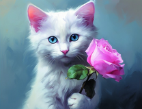 Белый котёнок с розовой розой в лапах