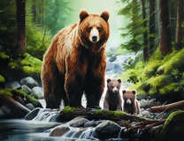 Медведица с малышами на реке