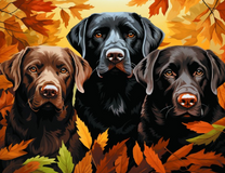 Три лабрадора среди осенних листьев