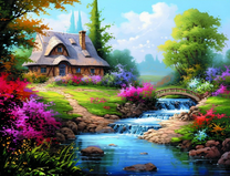 Домик с соломенной крышей у реки