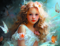 Девчонка в окружении бабочек и цветов