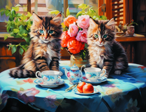 Котята на столе с чаем и фруктами