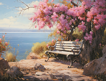 Скамейка под цветами с прекрасным видом