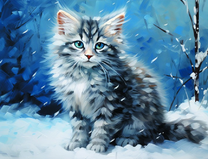 Неимоверно пушистый котёнок на снегу