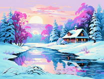 Зимний пейзаж с деревянным домиком и солнцем