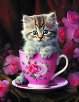 Голубоглазый котёнок в розовой чашке