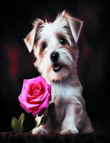 Милый пес с розовой розой