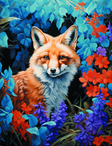 Лис среди сине-красных цветов