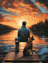 Мужчина с собакой у озера