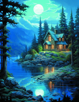 Милый домик у реки под лучами лунного света