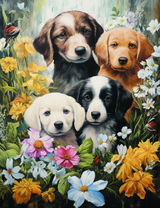 Щенки разного окраса среди цветов