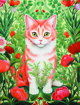 Рыженький котёнок среди красных цветов