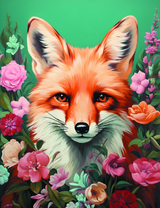 Лиса среди красивых цветов