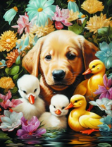 Щенок и милые утята среди цветов