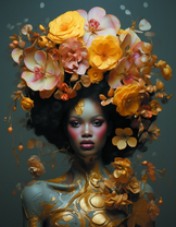 Красивая девушка с огромными оранжевыми цветами