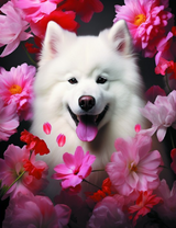 Самоедская собака среди розовых цветов