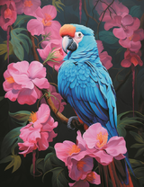 Голубой попугай на розовых цветах