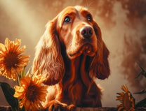 Милый спаниель и осенние цветы