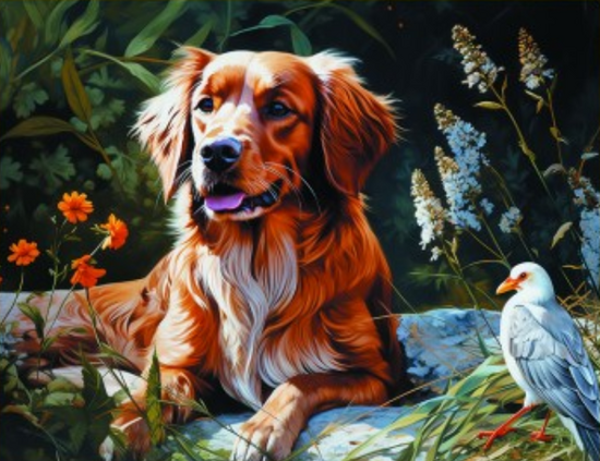 Алмазная мозаика 40x50 Рыжий пёс и белая птица