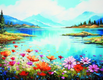 Поляна красочных цветов у широкой реки