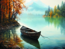 Лодка у берегов осеннего леса