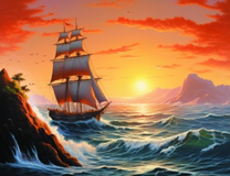 Парусный корабль у скалистых берегов