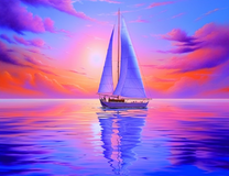 Белый парусник на фоне лилового заката