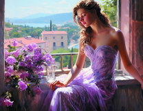 Девушка в вечерним платье на окне с видом на залив