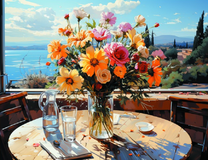 Букет цветов и вона на столике с видом на море