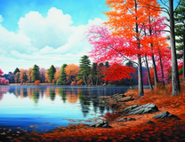 Пейзаж у озера с осенними красками