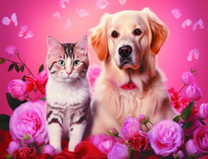 Собака и кошечка среди розовых роз